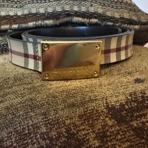 Burberry Plaid Gold Plate Logo Belt - Beige/Tan/Red
